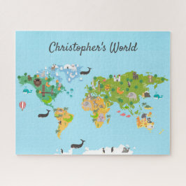 Kinder Wereldkaart Dieren Moderne Monogram Naam le Legpuzzel