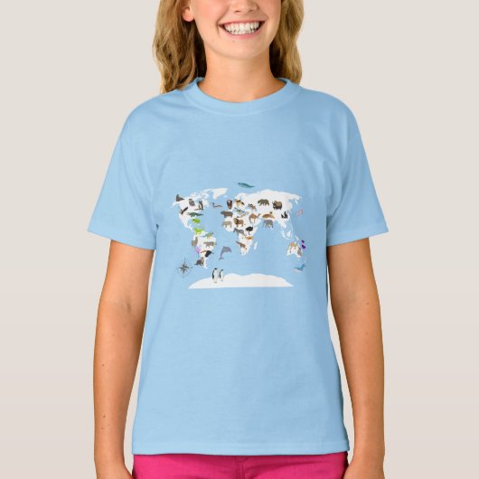 Kinder Wereldkaart dieren T-shirt (Voorkant)