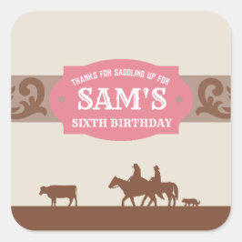 Kinder Westerne verjaardagsfeestje roze/bruin dank Vierkante Sticker