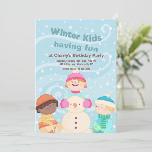 Kinder winteruitnodiging kaart (Staand voorkant)
