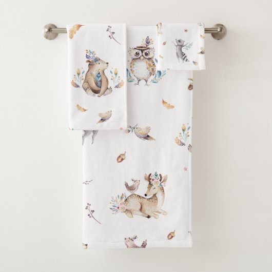Kinder Woodland Animal Badhanddoek Set Bad Handdoek (Insitu)
