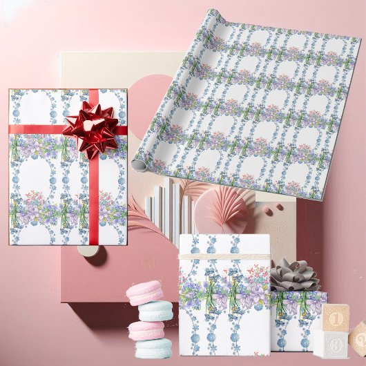 Kinder zacht pastelblauw bloeit ovaal bloemjaar cadeaupapier