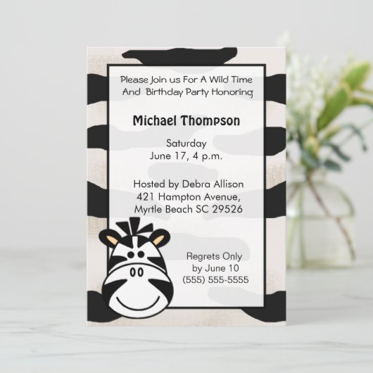 Kinder Zebra Verjaardagsfeestuitnodiging Kaart (Staand voorkant)