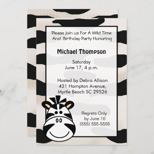 Kinder Zebra Verjaardagsfeestuitnodiging Kaart (Voorkant / Achterkant)