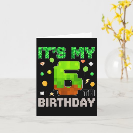 Kinder zijn mijn 6e verjaardag Boy Gaming Pixel Ga Kaart (Gele Bloem)