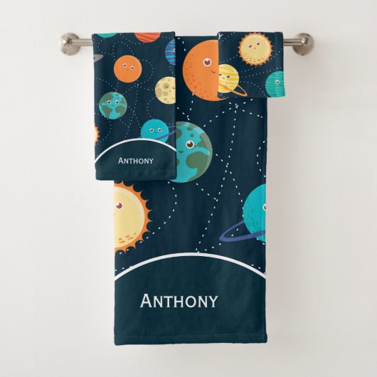 Kinder zonnestelsel Planeten Patroonblauw Bathroom Bad Handdoek (Insitu)