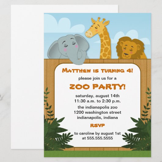 Kinder Zoo Birthday Party-uitnodigingen Kaart (Voorkant / Achterkant)
