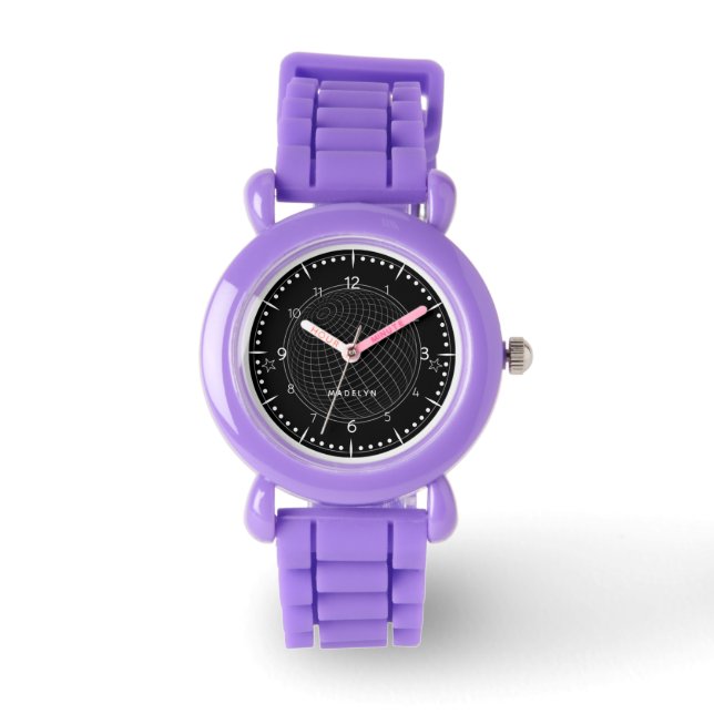 Kinder Zwart & Wit Glob Meisje Naam Paarse Strap Horloge (Voorkant)