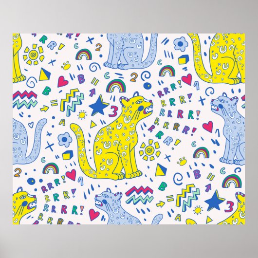kinderachtig patroon met tijger, letters, regenbog poster (Voorkant)