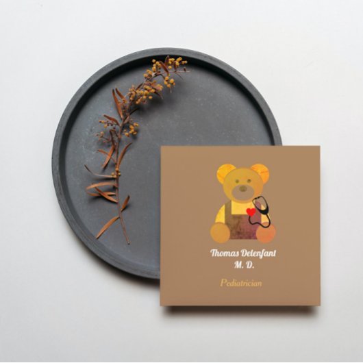 Kinderarts - oranje wervelkolom - stethoscoop vierkante visitekaartje