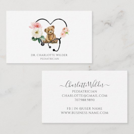 Kinderarts Teddybeer Bloemenstethoscoop Visitekaartje (Voorkant / Achterkant)