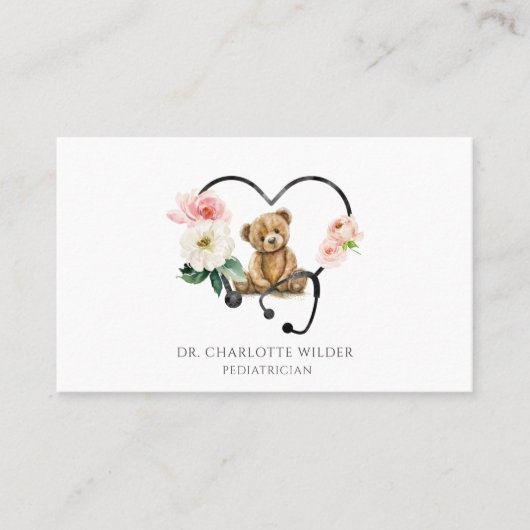 Kinderarts Teddybeer Bloemenstethoscoop Visitekaartje (Voorkant)
