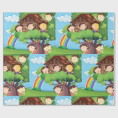 Kinderboomhut met regenboog en blije kinderen cadeaupapier (Vlak)