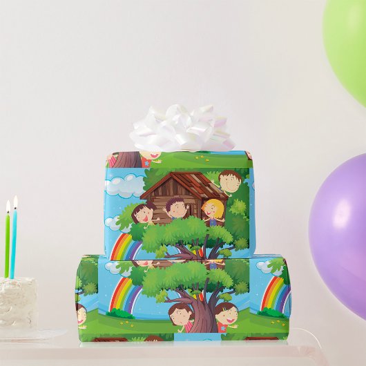 Kinderboomhut met regenboog en blije kinderen cadeaupapier
