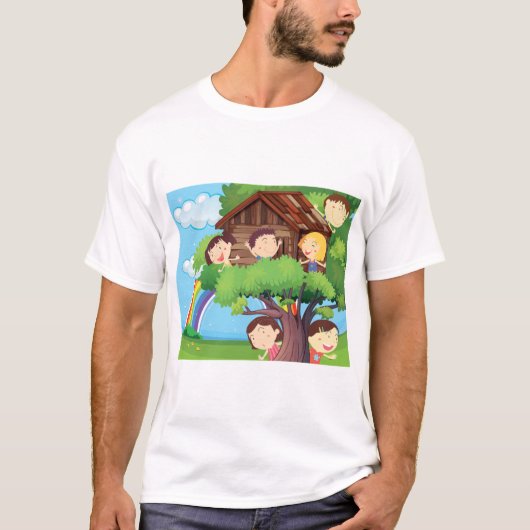 Kinderboomhut met Regenboog en Gelukkige Kinderen T-shirt (Voorkant)