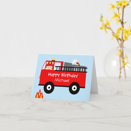 Kinderbrandweerwagen Gepersonaliseerde Verjaardag Kaart (Gele Bloem)