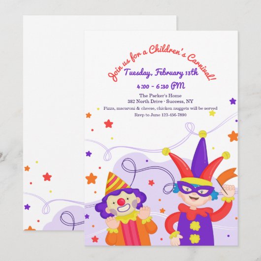 Kindercarnavaluitnodiging Kaart (Voorkant / Achterkant)