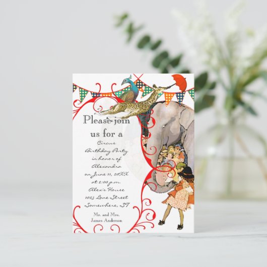 Kindercircus Elephant Peacock Giraffe Party Uitnodiging Briefkaart (Staand voorkant)