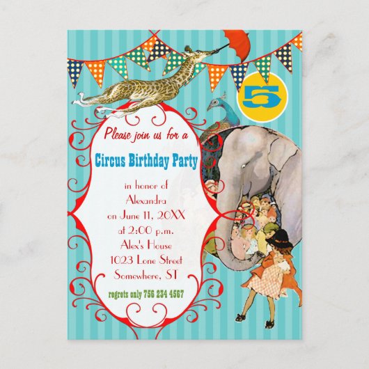 Kindercircus Elephant Peacock Giraffe Party Uitnodiging Briefkaart (Voorkant)