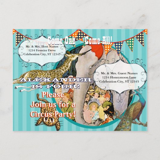 Kindercircus Elephant Peacock Giraffe Party Uitnodiging Briefkaart (Achterkant)