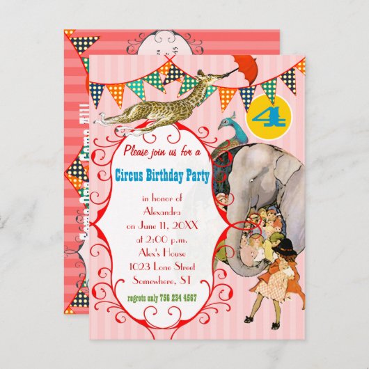 Kindercircus Elephant Peacock Giraffe Party Uitnodiging Briefkaart (Voorkant / Achterkant)