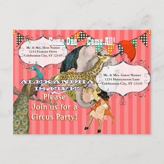 Kindercircus Elephant Peacock Giraffe Party Uitnodiging Briefkaart (Achterkant)