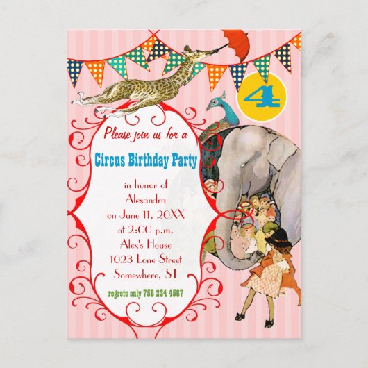 Kindercircus Elephant Peacock Giraffe Party Uitnodiging Briefkaart (Voorkant)