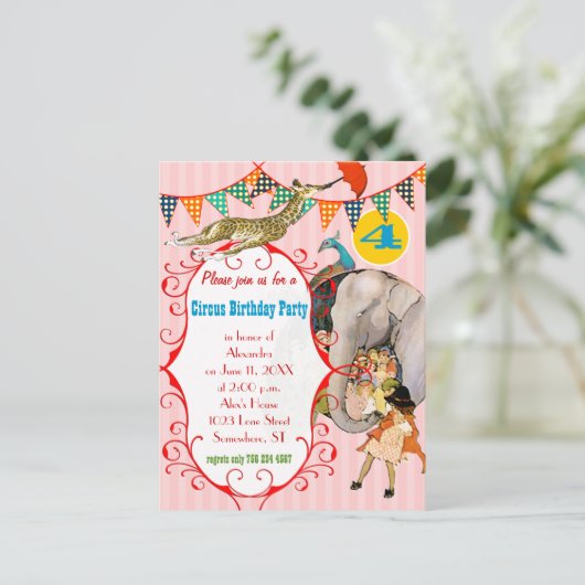 Kindercircus Elephant Peacock Giraffe Party Uitnodiging Briefkaart (Staand voorkant)