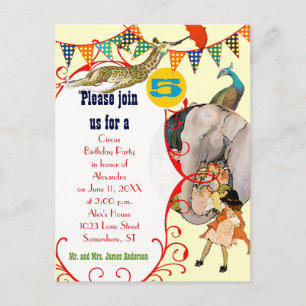 Kindercircus Elephant Peacock Giraffe Party Uitnodiging Briefkaart