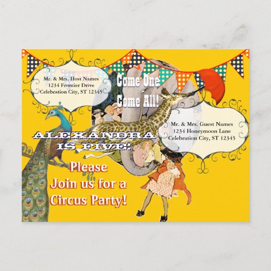Kindercircus Elephant Peacock Giraffe Party Uitnodiging Briefkaart (Achterkant)