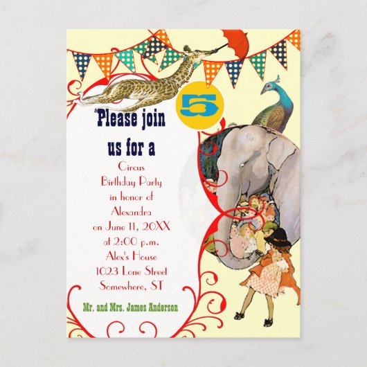Kindercircus Elephant Peacock Giraffe Party Uitnodiging Briefkaart (Voorkant)