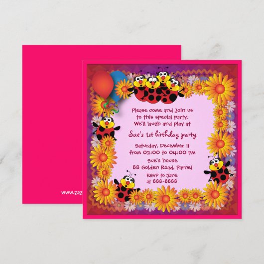 Kinderdaguitnodiging 039B: 7 Ladybugs Kaart (Voorkant / Achterkant)