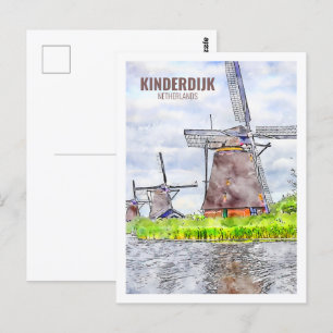 Kinderdijk Nederland Travel Waterverf Sketch Briefkaart