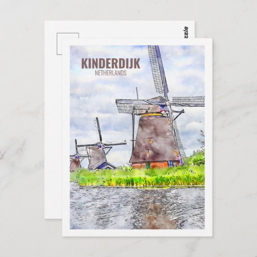 Kinderdijk Nederland Travel Waterverf Sketch Briefkaart (Voorkant / Achterkant)