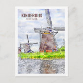 Kinderdijk Nederland Travel Waterverf Sketch Briefkaart (Voorkant)