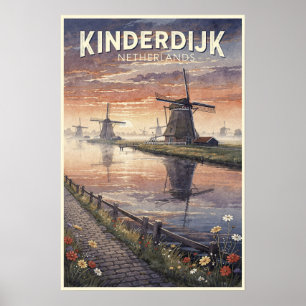 Kinderdijk Nederland Vintage Reis Poster