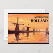 Kinderdijk Windmills Sunset - Waterverf Schilderen Briefkaart (Voorkant / Achterkant)