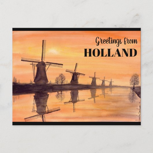 Kinderdijk Windmills Sunset - Waterverf Schilderen Briefkaart (Voorkant)