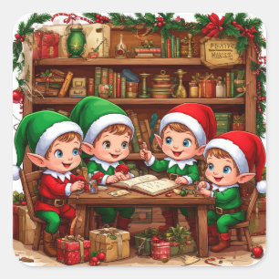 Kinderelf die een kerstspeelgoedwinkel verkent vierkante sticker
