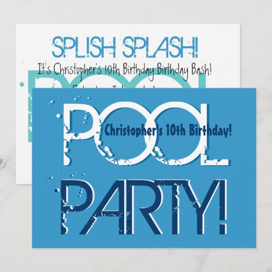 Kinderen 10e Verjaardag Zwembad Party Blauw Wit Sj Kaart (Voorkant / Achterkant)