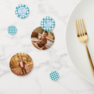 Kinderen 1e verjaardag Foto Turquoise Gingham Vis Confetti
