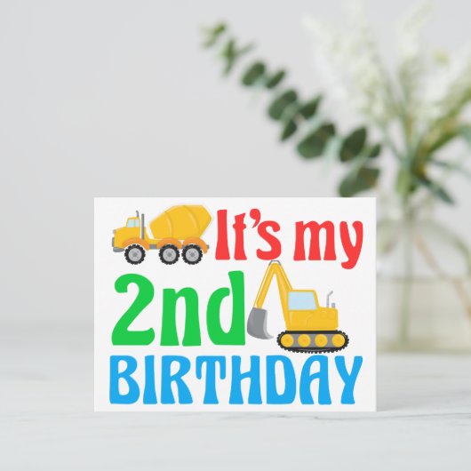 Kinderen 2e verjaardag jongen bouwvoertuig briefkaart (Staand voorkant)