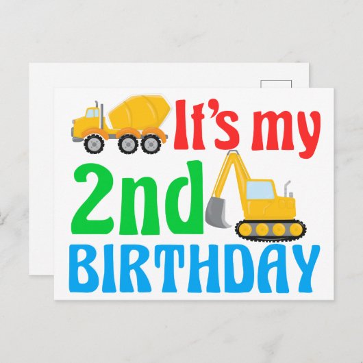 Kinderen 2e verjaardag jongen bouwvoertuig briefkaart (Voorkant / Achterkant)