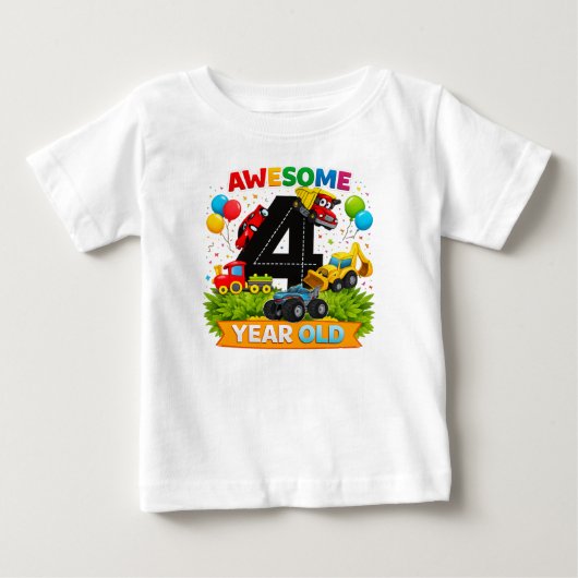 Kinderen 4e verjaardagsshirt | Bouwvoertuig T-shir (Voorkant)