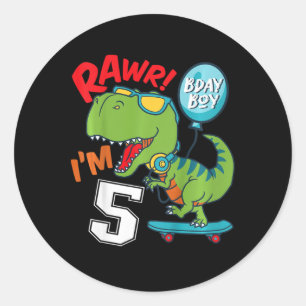 Kinderen 5e verjaardag 5 jaar oude jongen T-rex Sk Ronde Sticker