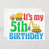 Kinderen 5e verjaardag jongen bouwvoertuig briefkaart (Voorkant / Achterkant)