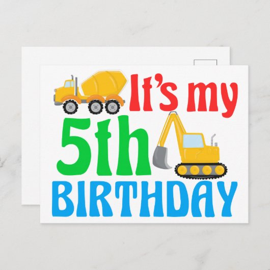 Kinderen 5e verjaardag jongen bouwvoertuig briefkaart (Voorkant / Achterkant)