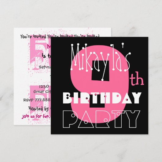 Kinderen 9e Verjaardag Custom Name Modern Pink Kaart (Voorkant / Achterkant)