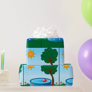 Kinderen achtertuin zwembad scène met zon boom cadeaupapier