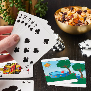Kinderen achtertuin zwembad scène met zon boom pokerkaarten
